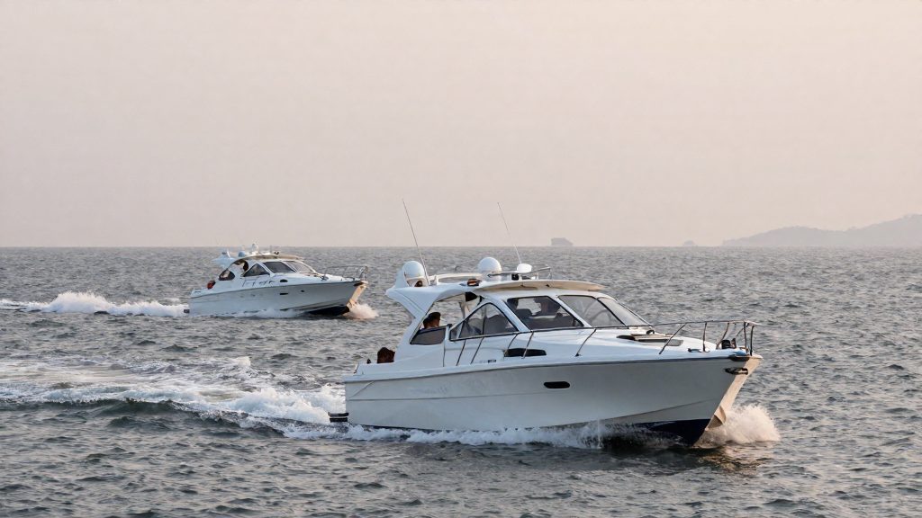 How do two power boats handle head-on, crossing and overtaking situations?